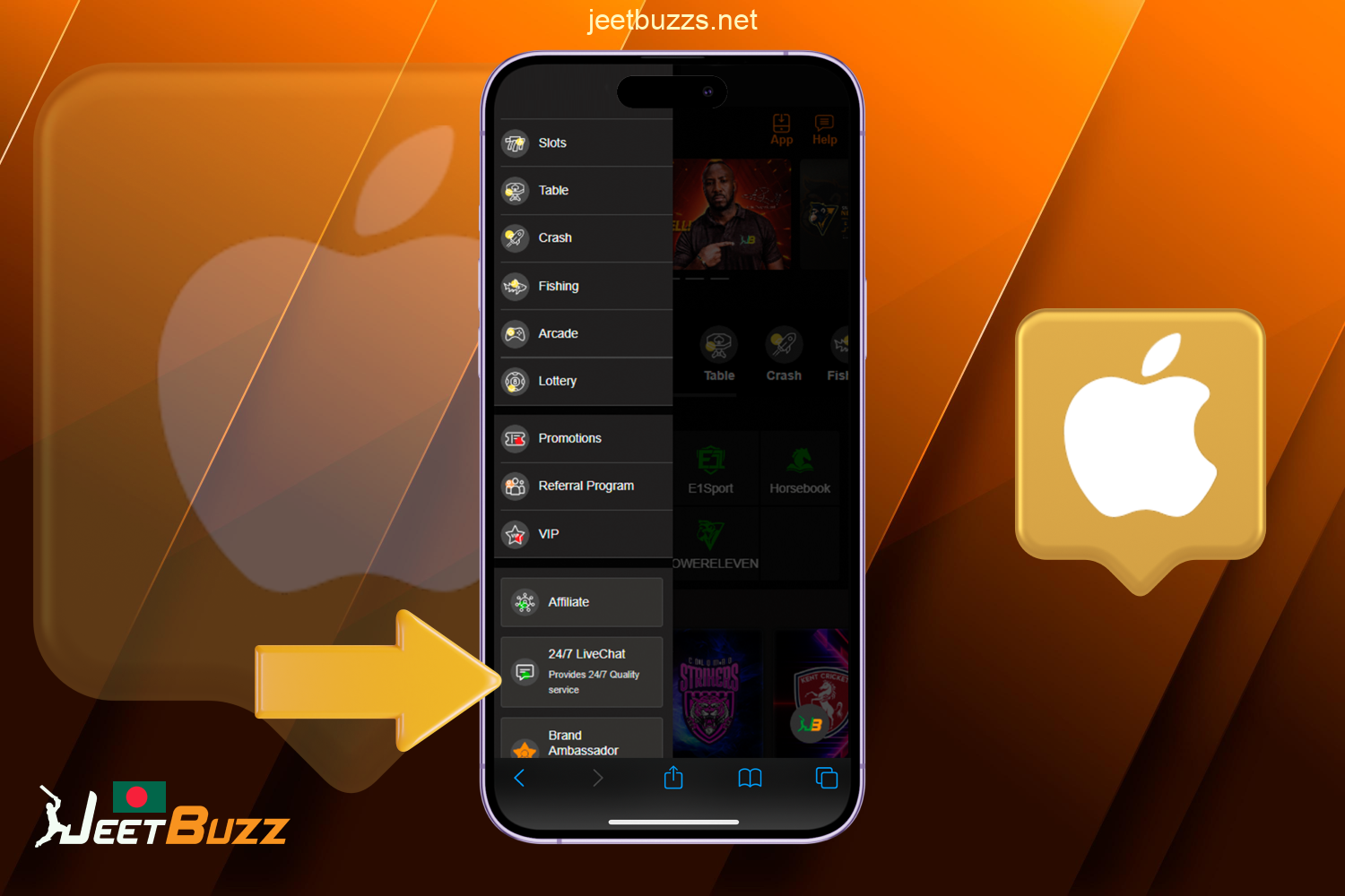 Open the appropriate section through the menu or ask for a link to the Jeetbuzz app for iOS from the support team