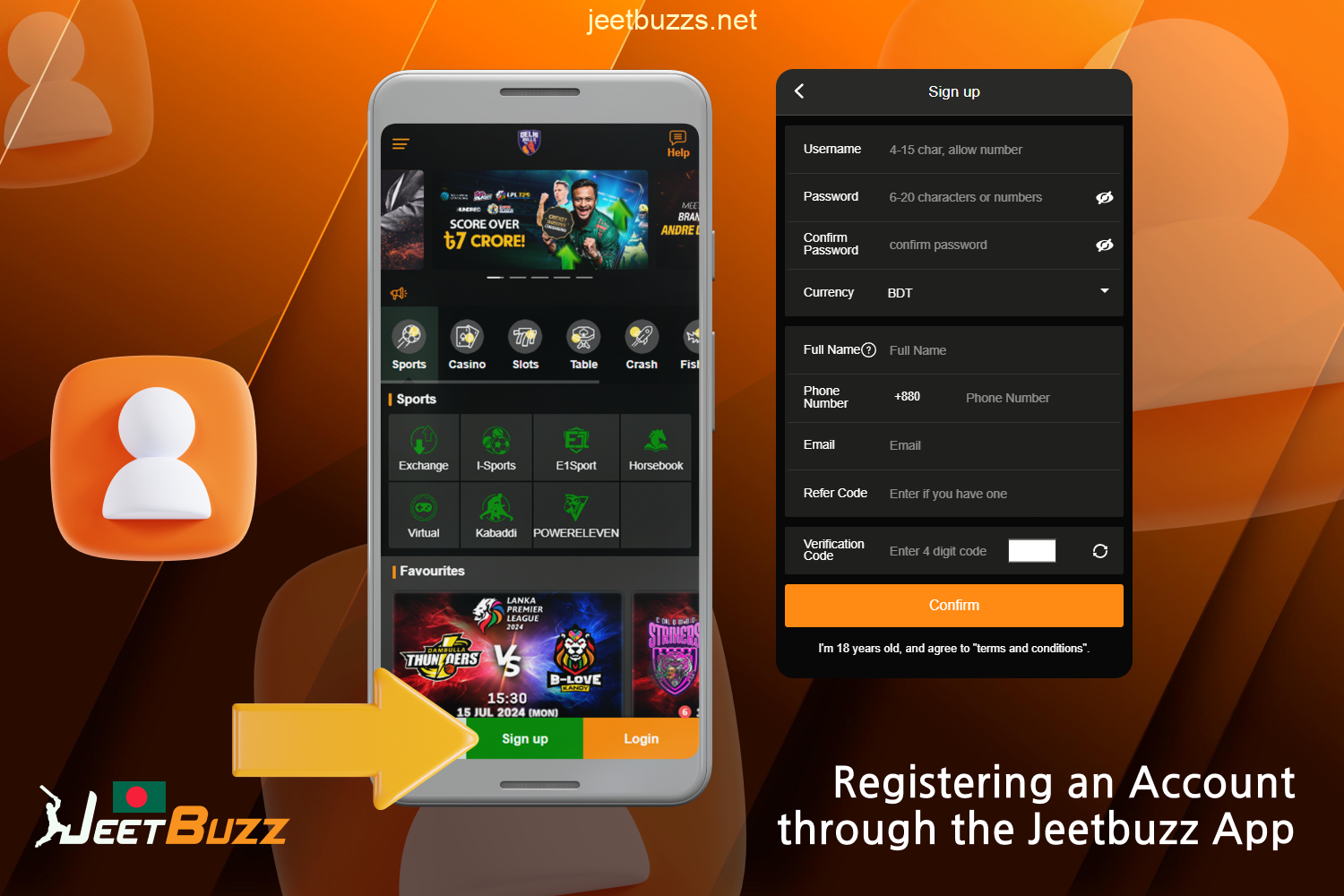 To start betting on sports or playing casino games on the Jeetbuzz app, every new user from Bangladesh must create a personal account