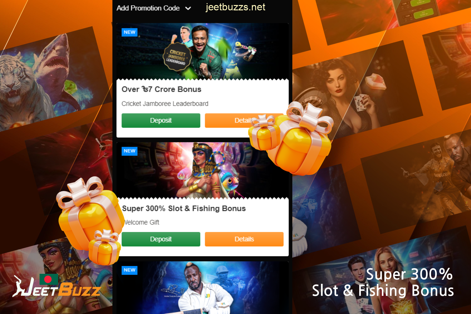 Welcome bonus from Jeetbuzz Bangladesh - get a 300% bonus after their first deposit and use this money in slots and fishing games