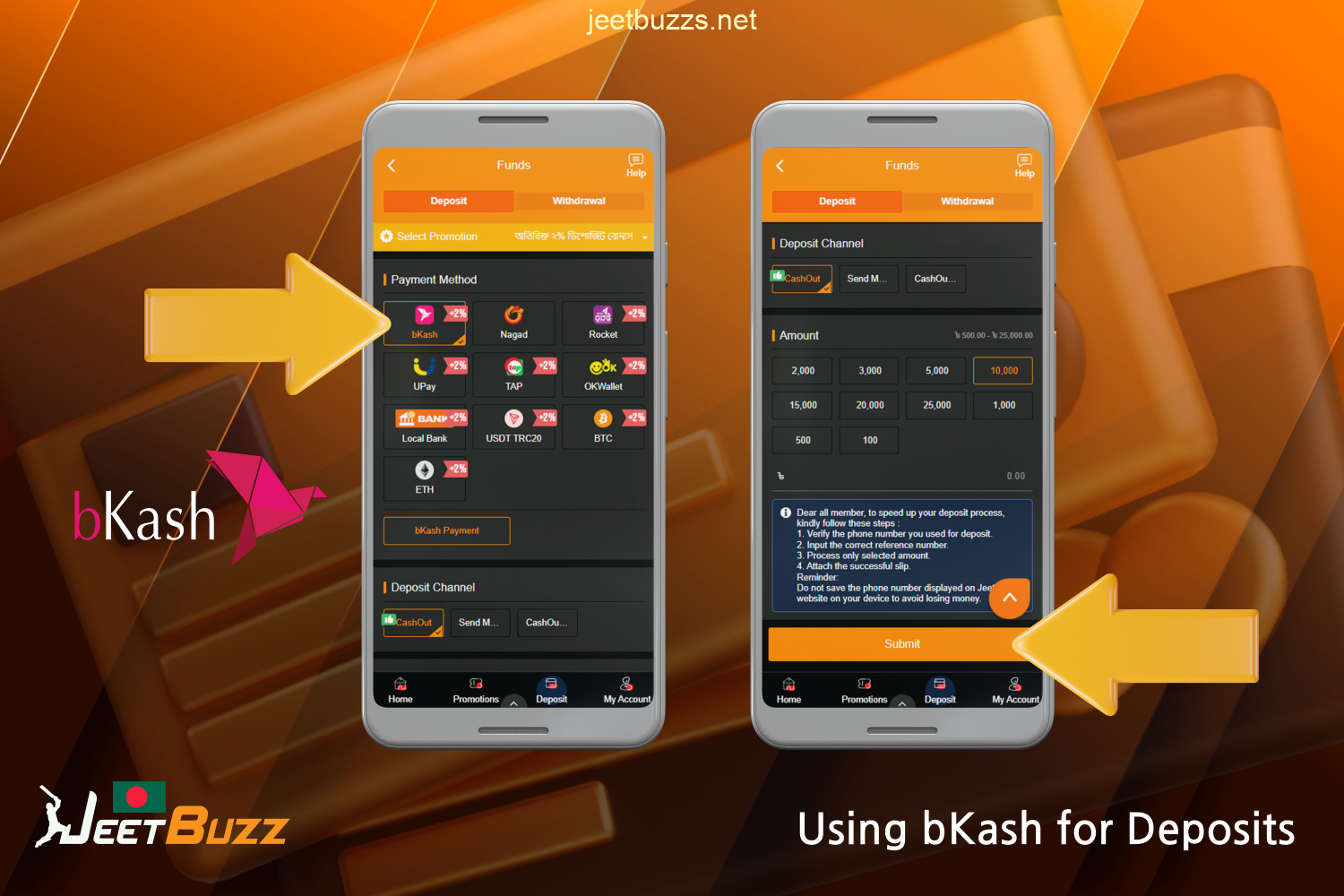 Players from Bangladesh can use bKash to fund their Jeetbuzz account without any fees